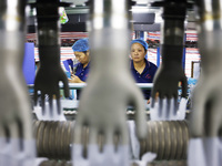 Workers make disposable PVC gloves for domestic and international markets at a production workshop of a foreign-funded enterprise in Suqian,...