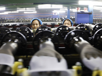 Workers make disposable PVC gloves for domestic and international markets at a production workshop of a foreign-funded enterprise in Suqian,...