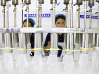 Workers make disposable PVC gloves for domestic and international markets at a production workshop of a foreign-funded enterprise in Suqian,...