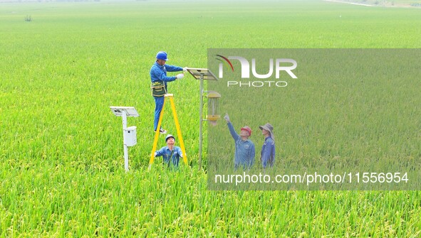 Workers inspect intelligent agricultural monitoring equipment and guide farmers to use it in Chuzhou, China, on September 7, 2024. 