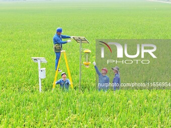 Workers inspect intelligent agricultural monitoring equipment and guide farmers to use it in Chuzhou, China, on September 7, 2024. (