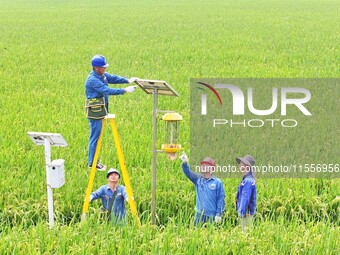 Workers inspect intelligent agricultural monitoring equipment and guide farmers to use it in Chuzhou, China, on September 7, 2024. (