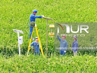 Workers inspect intelligent agricultural monitoring equipment and guide farmers to use it in Chuzhou, China, on September 7, 2024. (