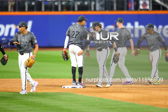 The New York Mets celebrate after their 4-0 win against the Cincinnati Reds at Citi Field in Corona, New York, on September 7, 2024. 