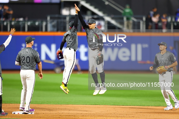 The New York Mets celebrate after their 4-0 win against the Cincinnati Reds at Citi Field in Corona, New York, on September 7, 2024. 