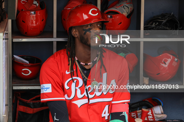 Cincinnati Reds Elly De La Cruz #44 sits in the dugout before the baseball game against the New York Mets at Citi Field in Corona, New York,...