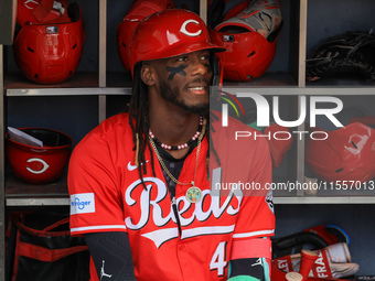 Cincinnati Reds Elly De La Cruz #44 sits in the dugout before the baseball game against the New York Mets at Citi Field in Corona, New York,...