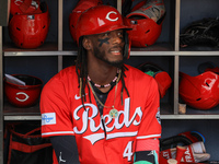 Cincinnati Reds Elly De La Cruz #44 sits in the dugout before the baseball game against the New York Mets at Citi Field in Corona, New York,...