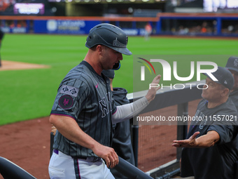 New York Mets Pete Alonso #20 is congratulated after scoring during the sixth inning of the baseball game against the Cincinnati Reds at Cit...