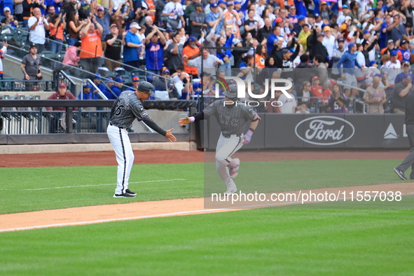 Harrison Bader #44 of the New York Mets rounds the bases after hitting a home run during the sixth inning of the baseball game against the C...