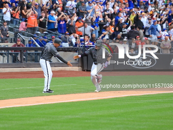 Harrison Bader #44 of the New York Mets rounds the bases after hitting a home run during the sixth inning of the baseball game against the C...