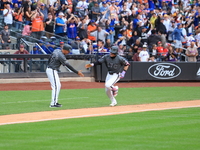 Harrison Bader #44 of the New York Mets rounds the bases after hitting a home run during the sixth inning of the baseball game against the C...