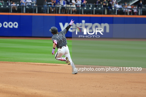 Harrison Bader #44 of the New York Mets rounds the bases after hitting a home run during the sixth inning of the baseball game against the C...