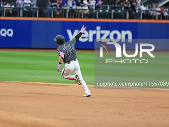 Harrison Bader #44 of the New York Mets rounds the bases after hitting a home run during the sixth inning of the baseball game against the C...