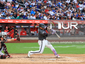 Harrison Bader #44 of the New York Mets connects for a home run during the sixth inning of the baseball game against the Cincinnati Reds at...