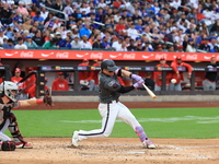 Harrison Bader #44 of the New York Mets connects for a home run during the sixth inning of the baseball game against the Cincinnati Reds at...