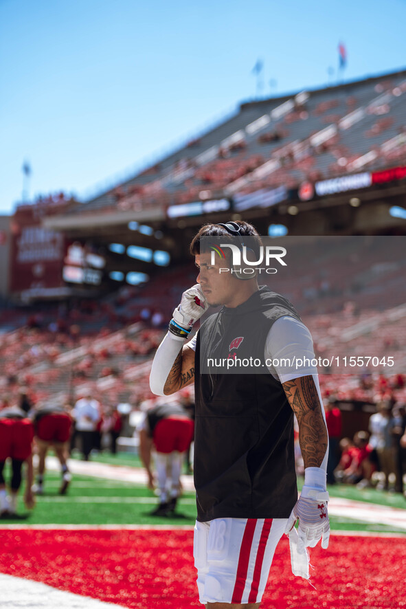 Wisconsin Badgers wide receiver Trech Kekahuna #2 warms up at Camp Randall Stadium in Madison, Wisconsin, on September 7, 2024. 