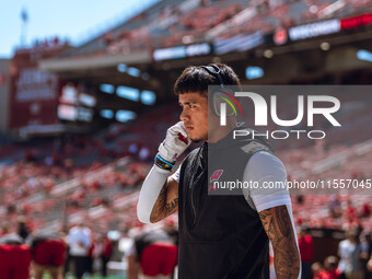 Wisconsin Badgers wide receiver Trech Kekahuna #2 warms up at Camp Randall Stadium in Madison, Wisconsin, on September 7, 2024. (