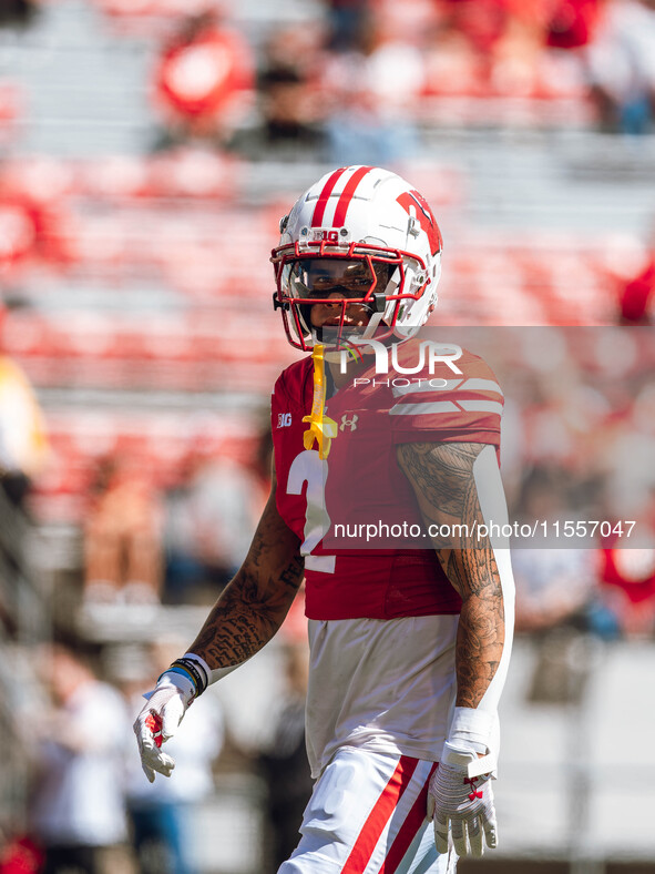 Wisconsin Badgers wide receiver Trech Kekahuna #2 warms up at Camp Randall Stadium in Madison, Wisconsin, on September 7, 2024. 