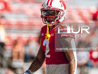 Wisconsin Badgers wide receiver Trech Kekahuna #2 warms up at Camp Randall Stadium in Madison, Wisconsin, on September 7, 2024. (