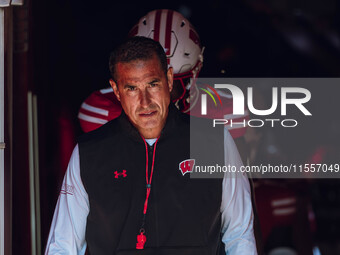 Wisconsin Badgers Head Coach Luke Fickell walks out of the tunnel at Camp Randall Stadium in Madison, Wisconsin, on September 7, 2024. (