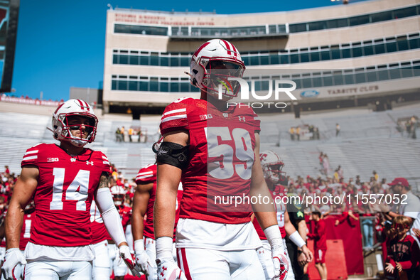 Wisconsin Badgers outside linebacker Aaron Witt #59 takes the field at Camp Randall Stadium in Madison, Wisconsin, on September 7, 2024. 