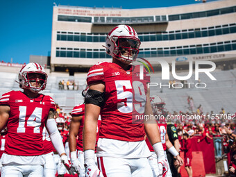 Wisconsin Badgers outside linebacker Aaron Witt #59 takes the field at Camp Randall Stadium in Madison, Wisconsin, on September 7, 2024. (