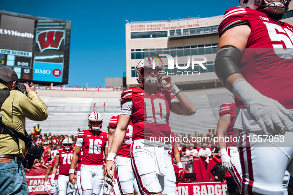 Wisconsin Badgers quarterback Tyler Van Dyke #10 is at Camp Randall Stadium in Madison, Wisconsin, on September 7, 2024. 