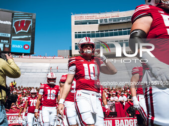 Wisconsin Badgers quarterback Tyler Van Dyke #10 is at Camp Randall Stadium in Madison, Wisconsin, on September 7, 2024. (