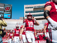 Wisconsin Badgers quarterback Tyler Van Dyke #10 is at Camp Randall Stadium in Madison, Wisconsin, on September 7, 2024. (