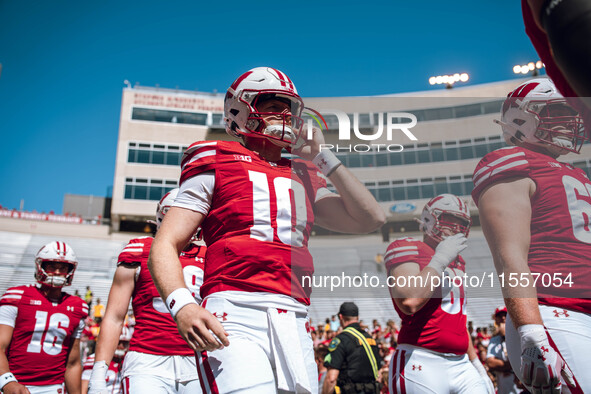 Wisconsin Badgers quarterback Tyler Van Dyke #10 is at Camp Randall Stadium in Madison, Wisconsin, on September 7, 2024. 