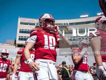 Wisconsin Badgers quarterback Tyler Van Dyke #10 is at Camp Randall Stadium in Madison, Wisconsin, on September 7, 2024. (