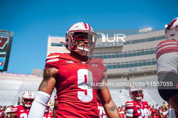 Wisconsin Badgers safety Austin Brown #9 is at Camp Randall Stadium in Madison, Wisconsin, on September 7, 2024. 