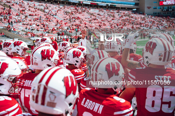 The Wisconsin Badgers play against the South Dakota Coyotes at Camp Randall Stadium in Madison, Wisconsin, on September 7, 2024. 