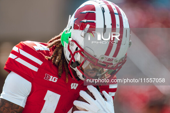 The Wisconsin Badgers play against the South Dakota Coyotes at Camp Randall Stadium in Madison, Wisconsin, on September 7, 2024. 