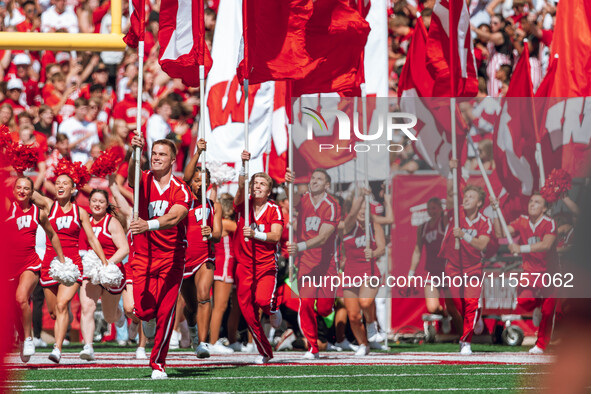 The Wisconsin Badgers play against the South Dakota Coyotes at Camp Randall Stadium in Madison, Wisconsin, on September 7, 2024. 