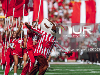 Bucky Badger leads the Wisconsin Badgers onto the field at Camp Randall Stadium in Madison, Wisconsin, on September 7, 2024. (