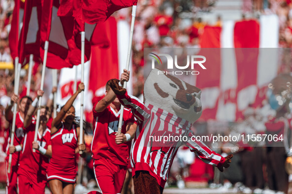 Bucky Badger leads the Wisconsin Badgers onto the field at Camp Randall Stadium in Madison, Wisconsin, on September 7, 2024. 