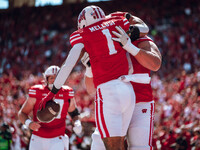 Wisconsin Badgers running back Chez Mellusi #1 celebrates a touchdown against the South Dakota Coyotes at Camp Randall Stadium in Madison, W...