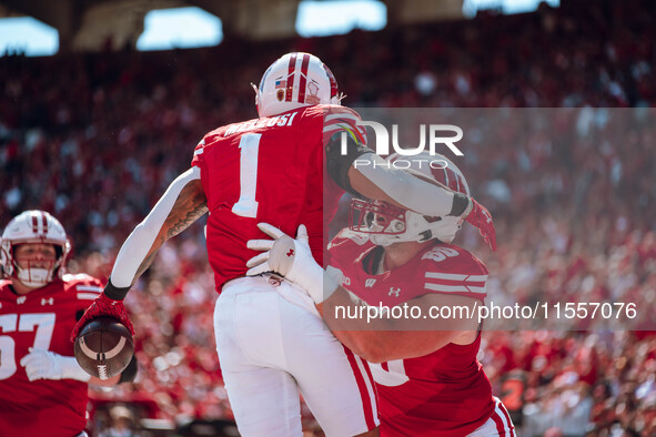 Wisconsin Badgers running back Chez Mellusi #1 celebrates a touchdown against the South Dakota Coyotes at Camp Randall Stadium in Madison, W...