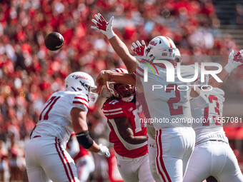 South Dakota quarterback Aidan Bouman #2 attempts to pass at Camp Randall Stadium in Madison, Wisconsin, on September 7, 2024. (