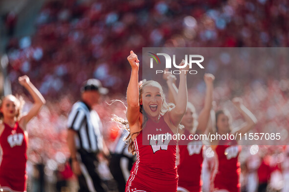 The Wisconsin Badgers play against the South Dakota Coyotes at Camp Randall Stadium in Madison, Wisconsin, on September 7, 2024. 