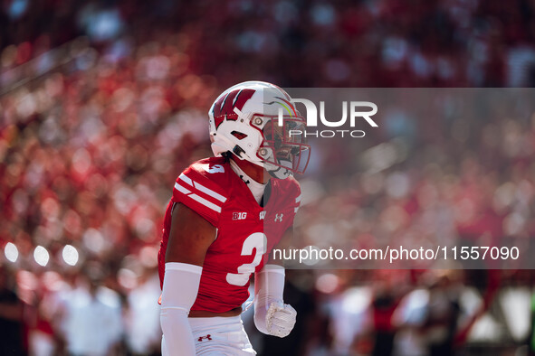 Wisconsin Badgers cornerback Nyzier Fourqurean #3 celebrates a defensive stop against the South Dakota Coyotes at Camp Randall Stadium in Ma...