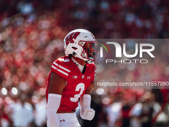 Wisconsin Badgers cornerback Nyzier Fourqurean #3 celebrates a defensive stop against the South Dakota Coyotes at Camp Randall Stadium in Ma...