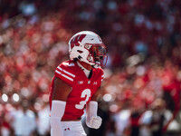 Wisconsin Badgers cornerback Nyzier Fourqurean #3 celebrates a defensive stop against the South Dakota Coyotes at Camp Randall Stadium in Ma...