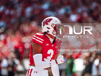 Wisconsin Badgers cornerback Nyzier Fourqurean #3 celebrates a defensive stop against the South Dakota Coyotes at Camp Randall Stadium in Ma...