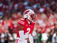 Wisconsin Badgers cornerback Nyzier Fourqurean #3 celebrates a defensive stop against the South Dakota Coyotes at Camp Randall Stadium in Ma...