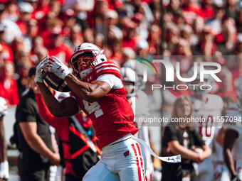 Wisconsin Badgers wide receiver C.J. Williams #4 catches a pass against the South Dakota Coyotes at Camp Randall Stadium in Madison, Wiscons...