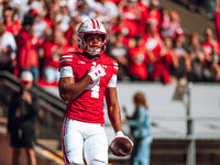 Wisconsin Badgers wide receiver C.J. Williams #4 celebrates a touchdown against the South Dakota Coyotes at Camp Randall Stadium in Madison,...