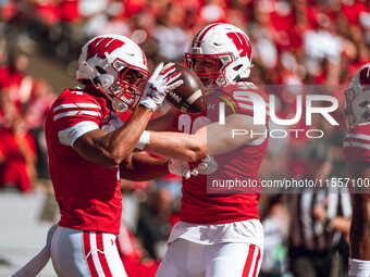 Wisconsin Badgers wide receiver C.J. Williams #4 celebrates a touchdown against the South Dakota Coyotes with Wisconsin Badgers tight end Tu...